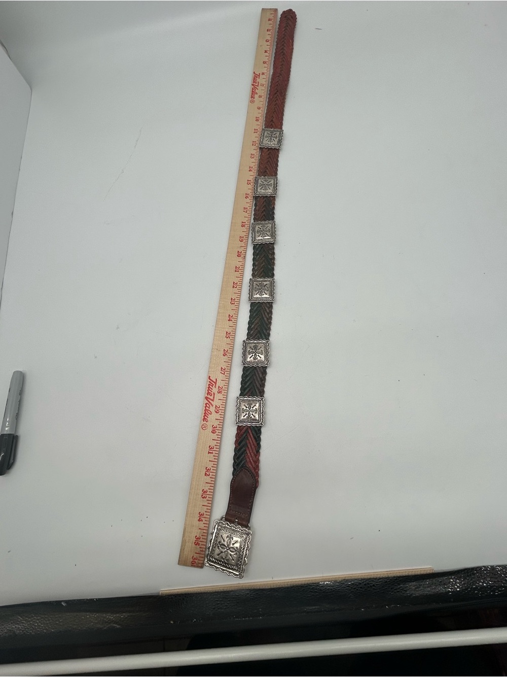 Vintage Braided Brown Red and Green Leather Belt with Silver Accent Squares - Picture 9 of 9